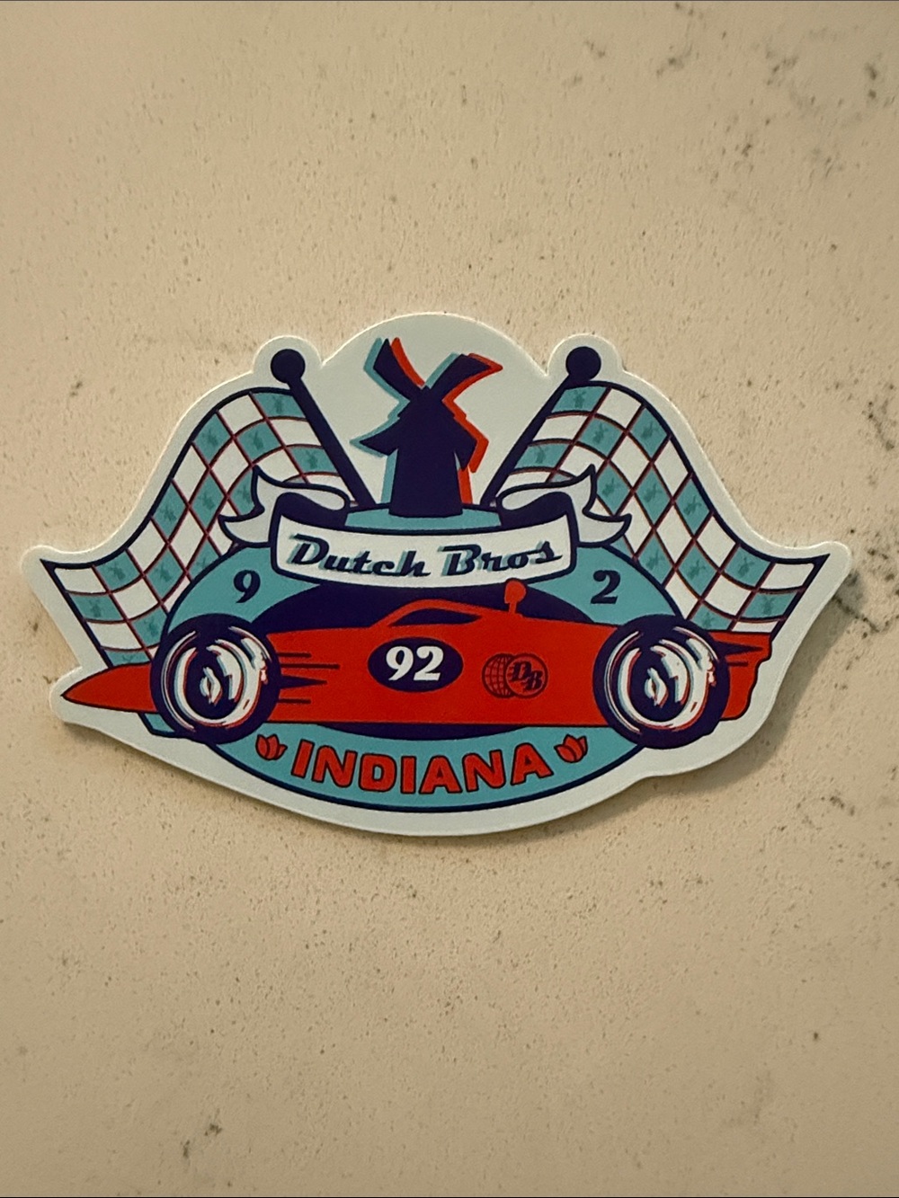 Dutch Bros Indiana Racing Sticker Red, Blue, White Race Car checkered flag 92